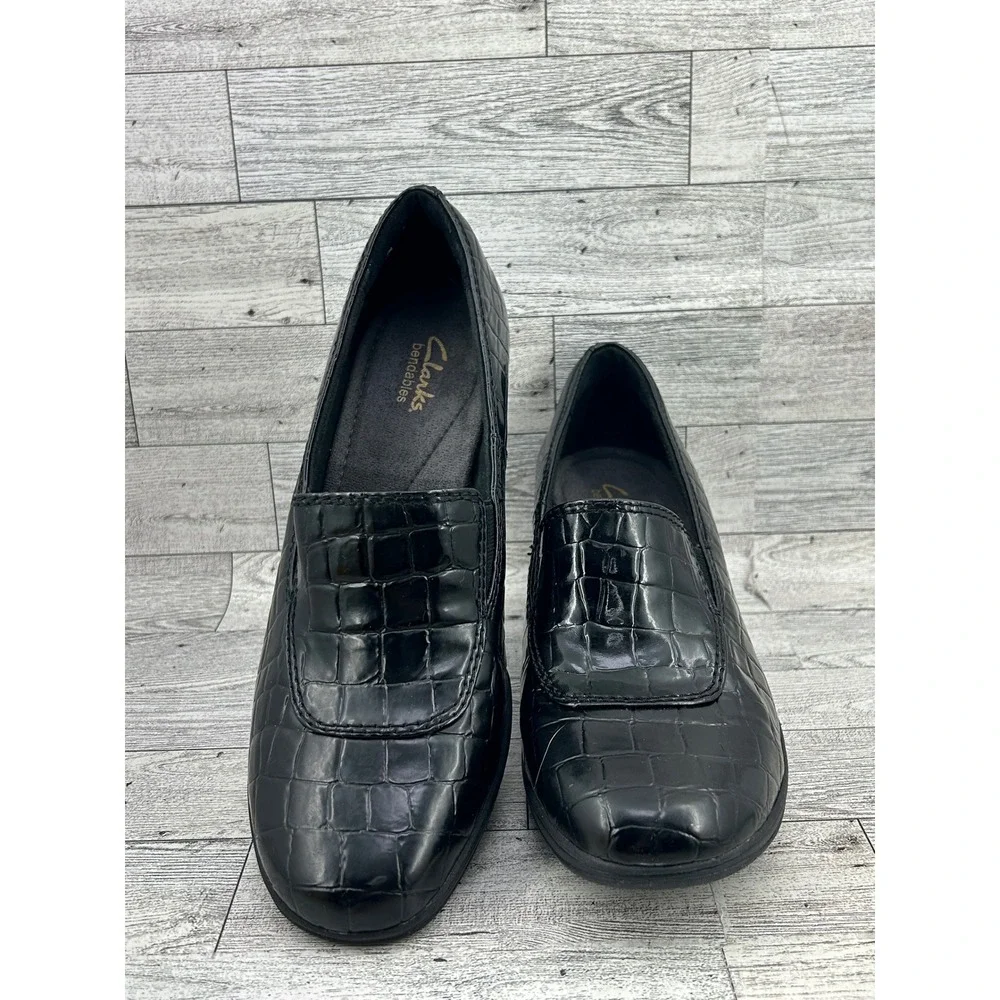 Clarks Bendables Black Croc Embossed Wedge Loafers‎ 67091 Women Size 9M